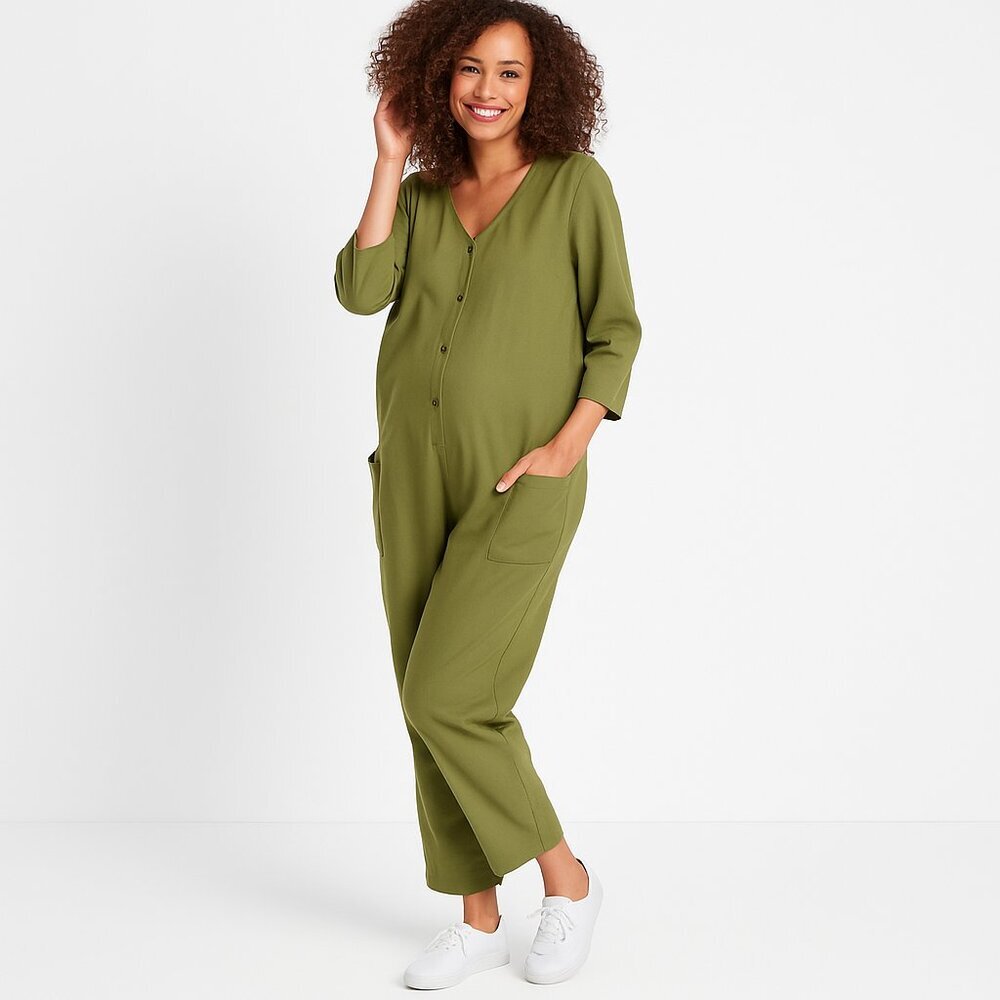 The Nines by Hatch Jumpsuit Olive Green‎ Utility Boho V Neck Size M Lightweight